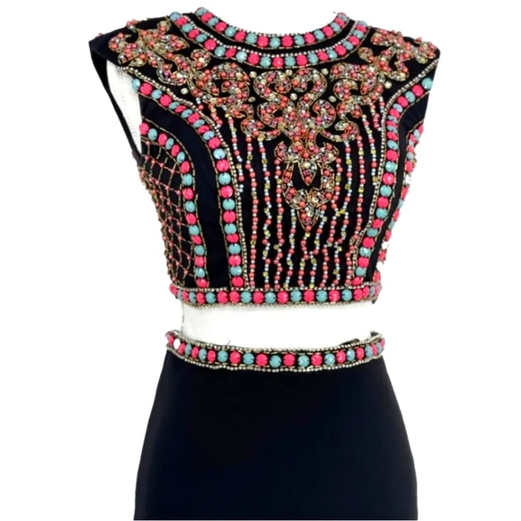 JOVANI 2-piece Black Beaded Mozaic Rhinestones Evening Gown Size 4 - Picture 3 of 14